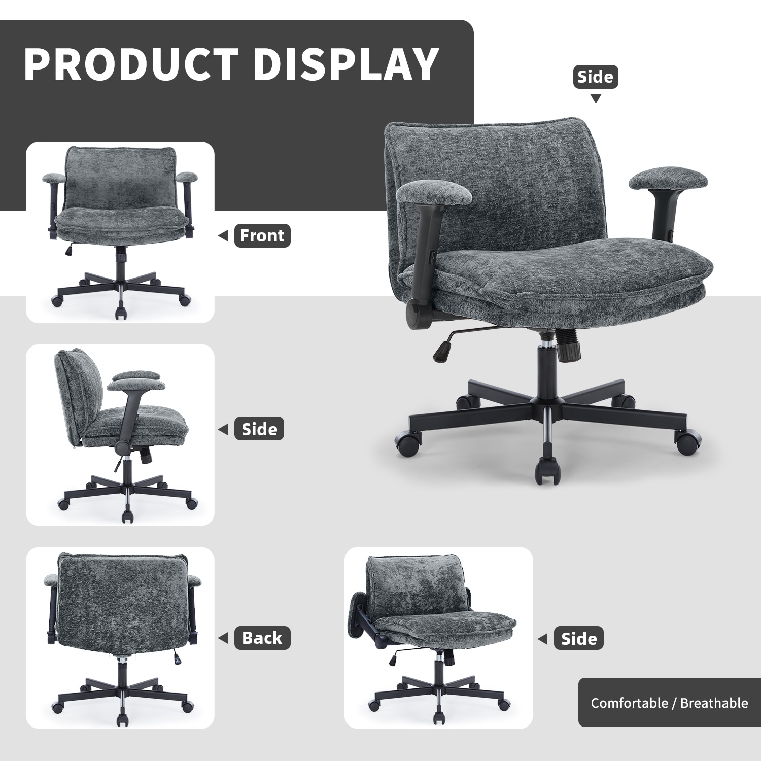 Fancispot Cross Legged Office Chair Height Adjustable Swivel Desk_voghion.com